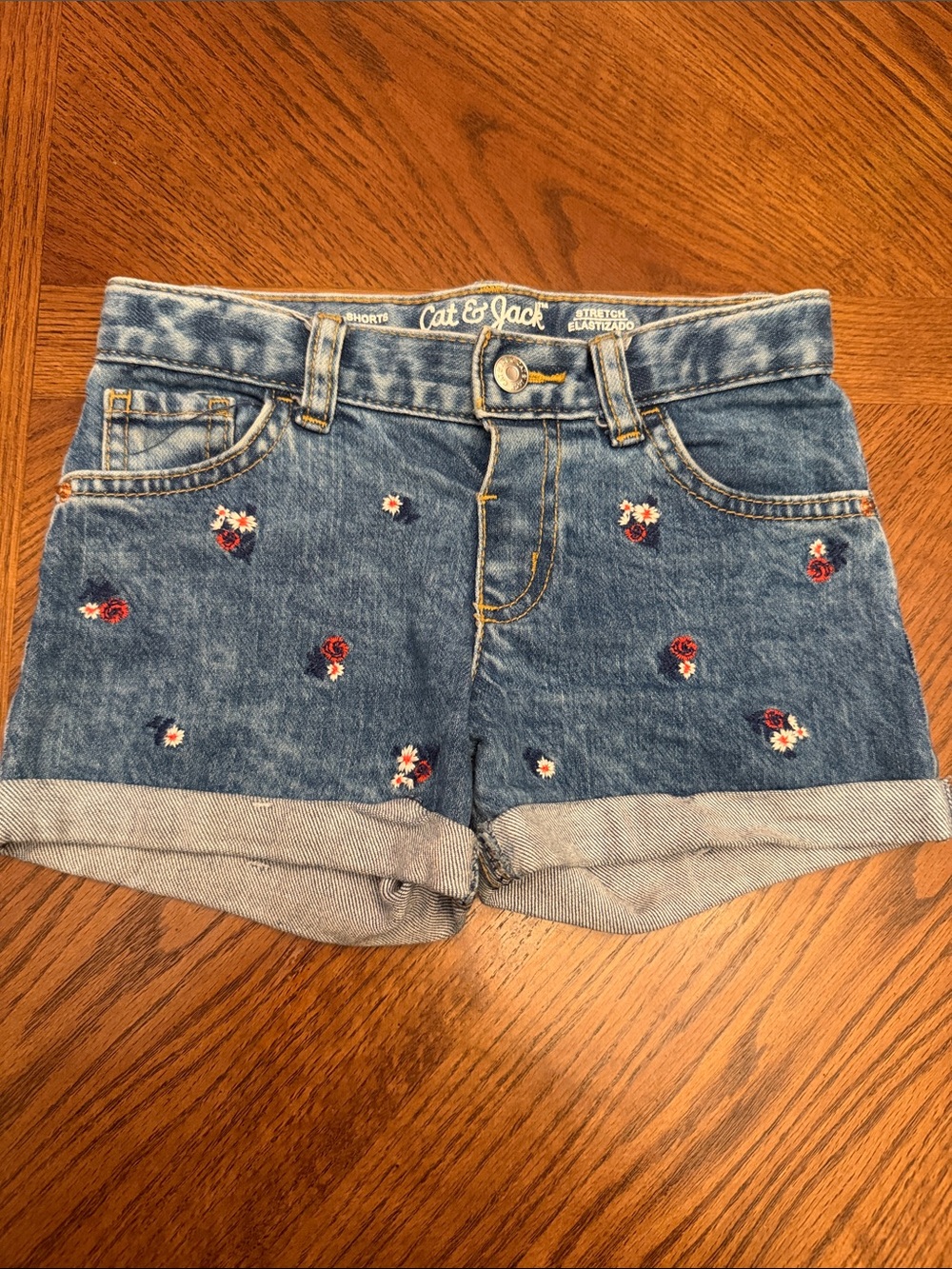 Kids Cat & Jack Blue Denim Shorts with Red, White & Blue Floral Embroidery